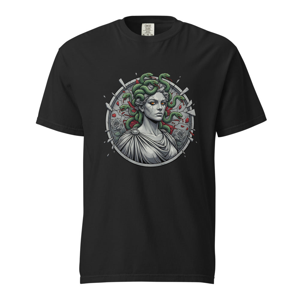 Medusa: The Gorgon's Gaze design, on a black heavyweight Comfort Colors tee.