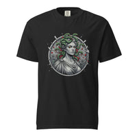 Medusa: The Gorgon's Gaze design, on a black heavyweight Comfort Colors tee.