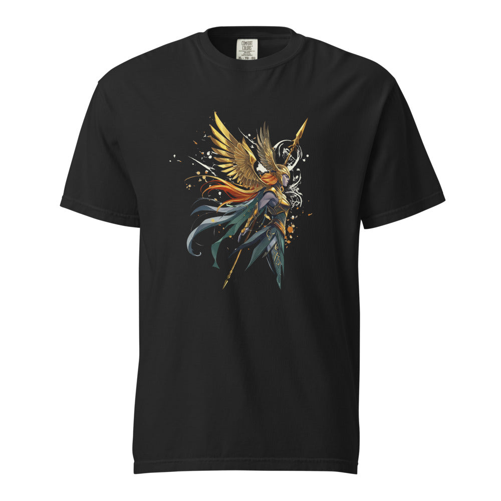 Valkyrie: The Shield-Maiden design, on a black heavyweight Comfort Colors tee.