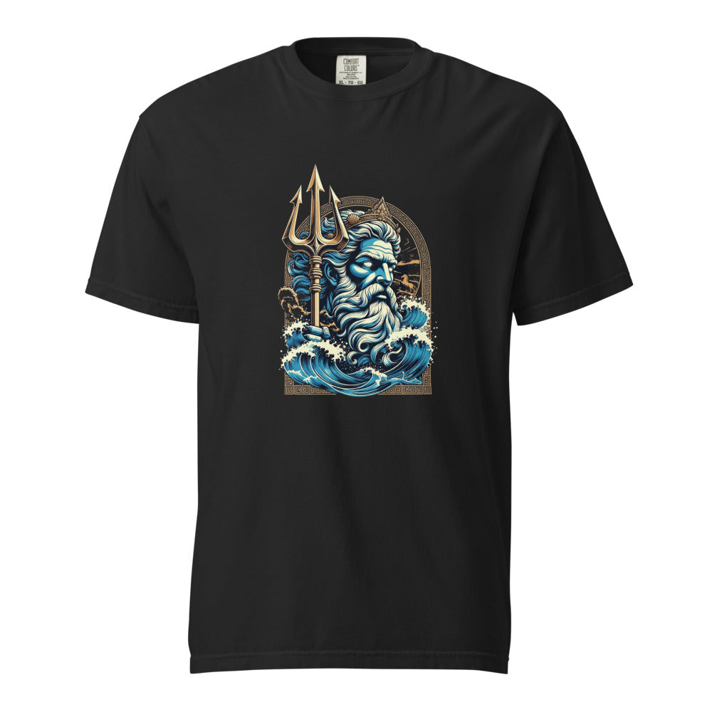 Poseidon: Lord of the Deep design, on a black heavyweight Comfort Colors tee.