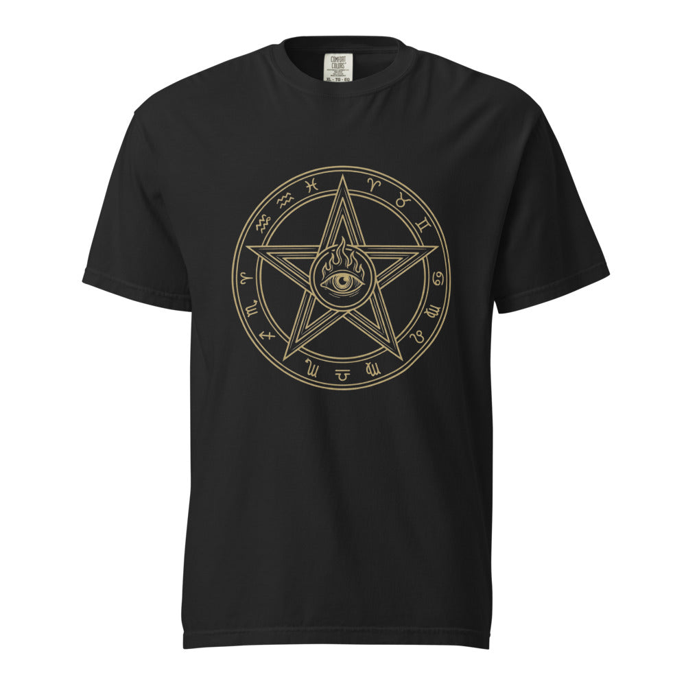 The Elder Sign cosmic horror design, on a black heavyweight Comfort Colors tee.