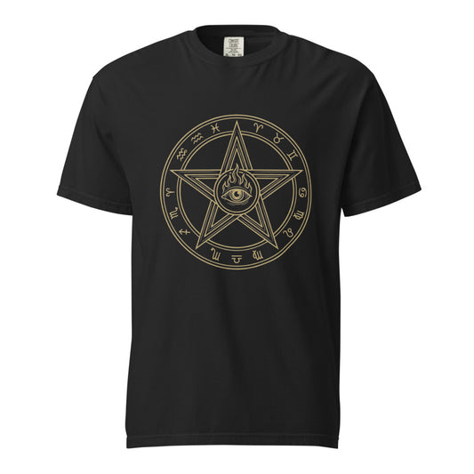 The Elder Sign cosmic horror design, on a black heavyweight Comfort Colors tee.