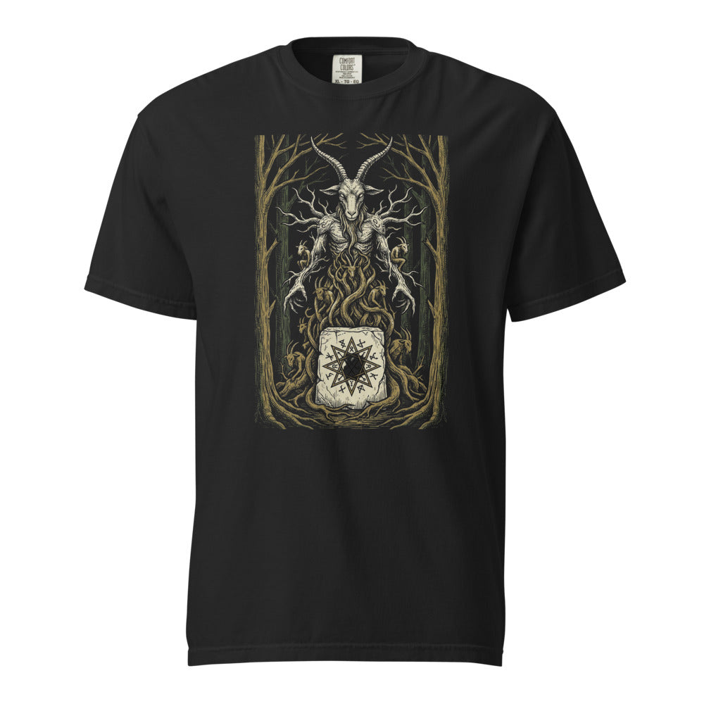 Shub-Niggurath: The Black Goat cosmic horror design, on a black heavyweight Comfort Colors tee.