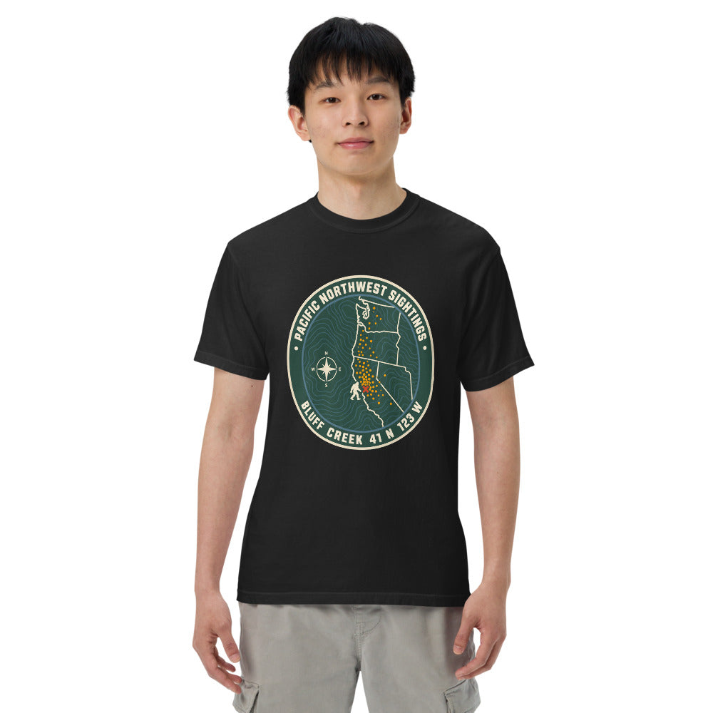 Bigfoot: Pacific Northwest Sightings on a model, heavyweight garment-dyed Comfort Colors 1717 tee in black