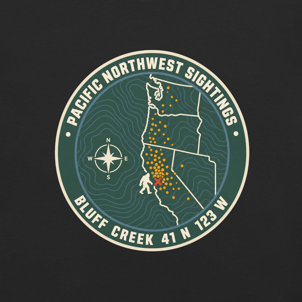 Bigfoot: Pacific Northwest Sightings print detail on black garment-dyed cotton