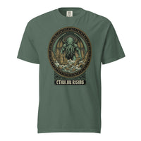 Cthulhu Rising cosmic horror design, on a blue spruce heavyweight Comfort Colors tee.