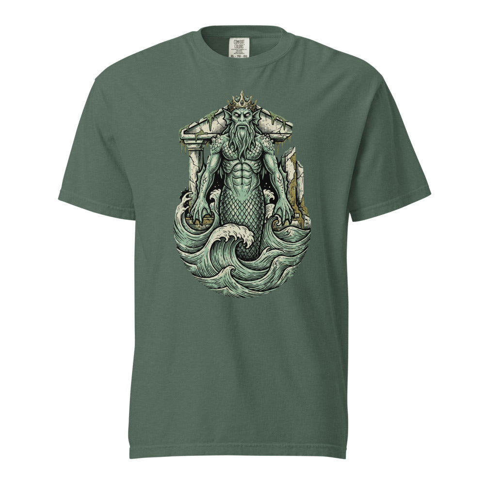 Dagon: Father of the Deep cosmic horror design, on a blue spruce heavyweight Comfort Colors tee.