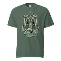 Dagon: Father of the Deep cosmic horror design, on a blue spruce heavyweight Comfort Colors tee.