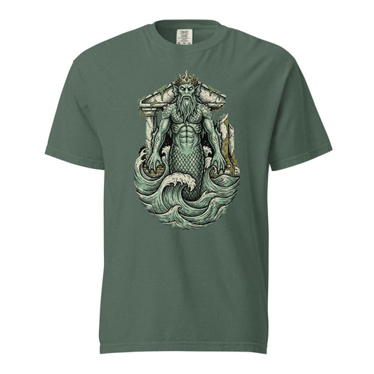 Dagon: Father of the Deep cosmic horror design, on a blue spruce heavyweight Comfort Colors tee.