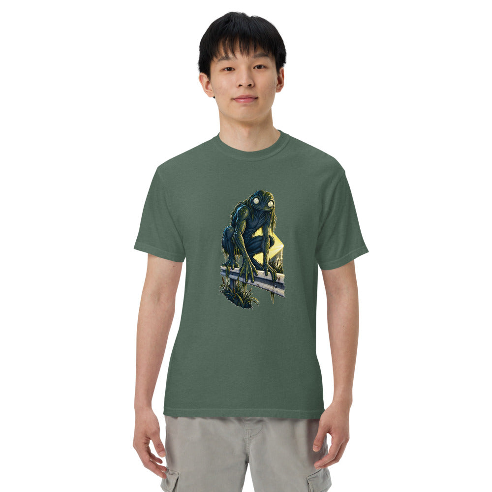 Loveland Frogman: Riverside Drive 1972 on a model, heavyweight garment-dyed Comfort Colors 1717 tee in blue spruce