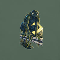 Loveland Frogman: Riverside Drive 1972 print detail on blue spruce garment-dyed cotton