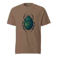 An emerald and gold Egyptian scarab beetle with a dark outline, the symbol of Khepri and rebirth, on an espresso heavyweight Comfort Colors tee.
