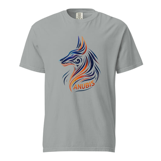 A tribal linework Anubis jackal head in deep navy and orange flame above the word Anubis, on a granite heavyweight Comfort Colors tee.