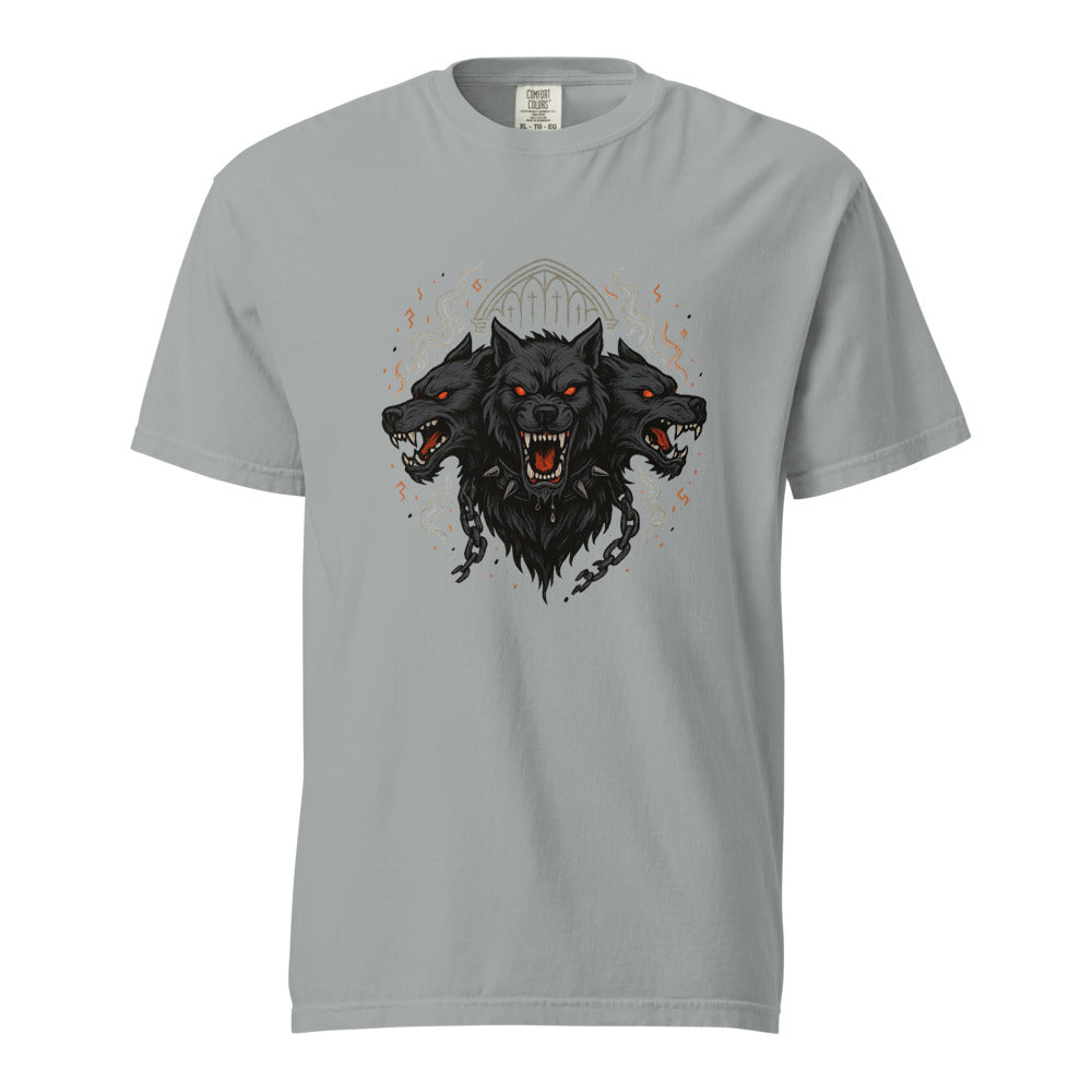 Cerberus: Hound of Hades design, on a granite heavyweight Comfort Colors tee.