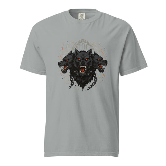 Cerberus: Hound of Hades design, on a granite heavyweight Comfort Colors tee.