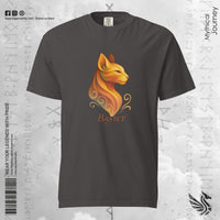 Bastet, the Egyptian cat goddess in flame-gold, on a graphite heavyweight tee, front view.