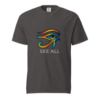 A full color rainbow Eye of Horus, the wedjat, above the words See All, on a graphite heavyweight Comfort Colors tee.