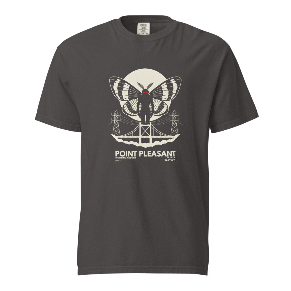 Mothman: The Sighting Report design, on a graphite heavyweight Comfort Colors tee.