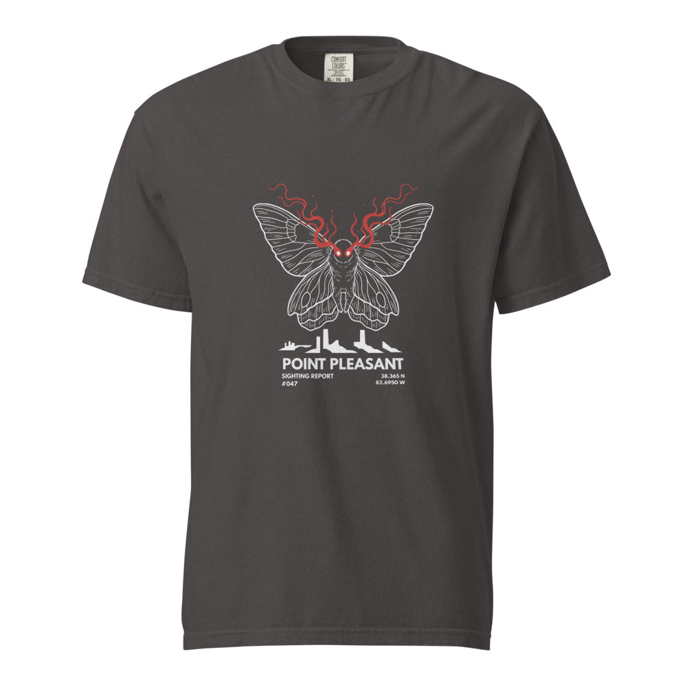 Mothman: Red Eyes Over Point Pleasant design, on a graphite heavyweight Comfort Colors tee.