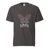 Mothman: Red Eyes Over Point Pleasant design, on a graphite heavyweight Comfort Colors tee.
