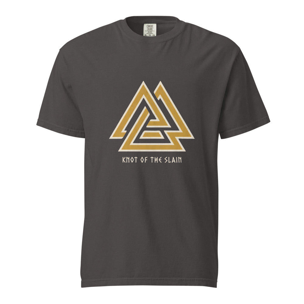 Valknut: Knot of the Slain design, on a graphite heavyweight Comfort Colors tee.