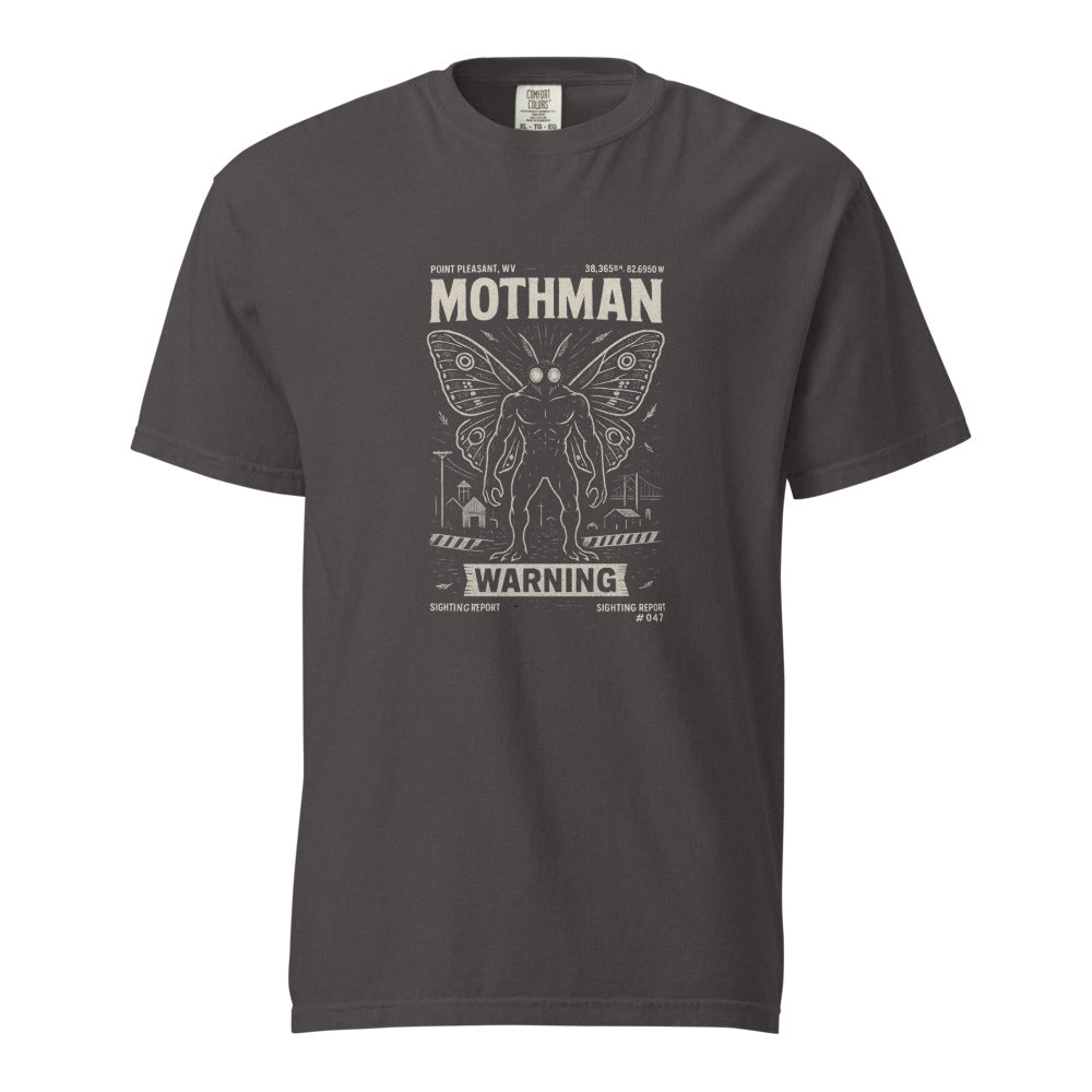 Mothman: The Warning design, on a graphite heavyweight Comfort Colors tee.