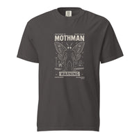 Mothman: The Warning design, on a graphite heavyweight Comfort Colors tee.