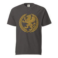 Gold griffin guardian crowned in the victor's laurel, on a graphite heavyweight Comfort Colors tee.