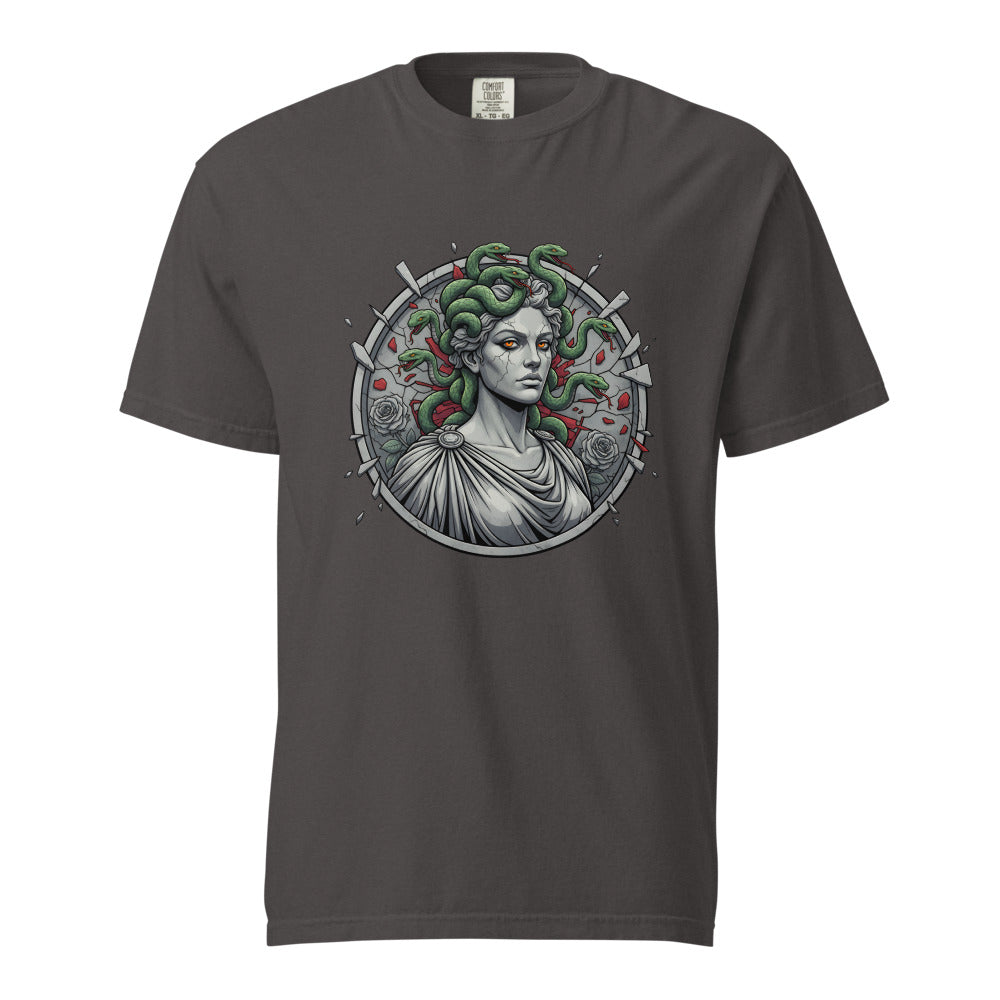 Medusa: The Gorgon's Gaze design, on a graphite heavyweight Comfort Colors tee.