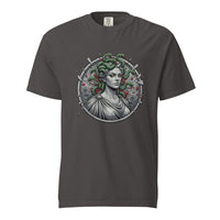 Medusa: The Gorgon's Gaze design, on a graphite heavyweight Comfort Colors tee.
