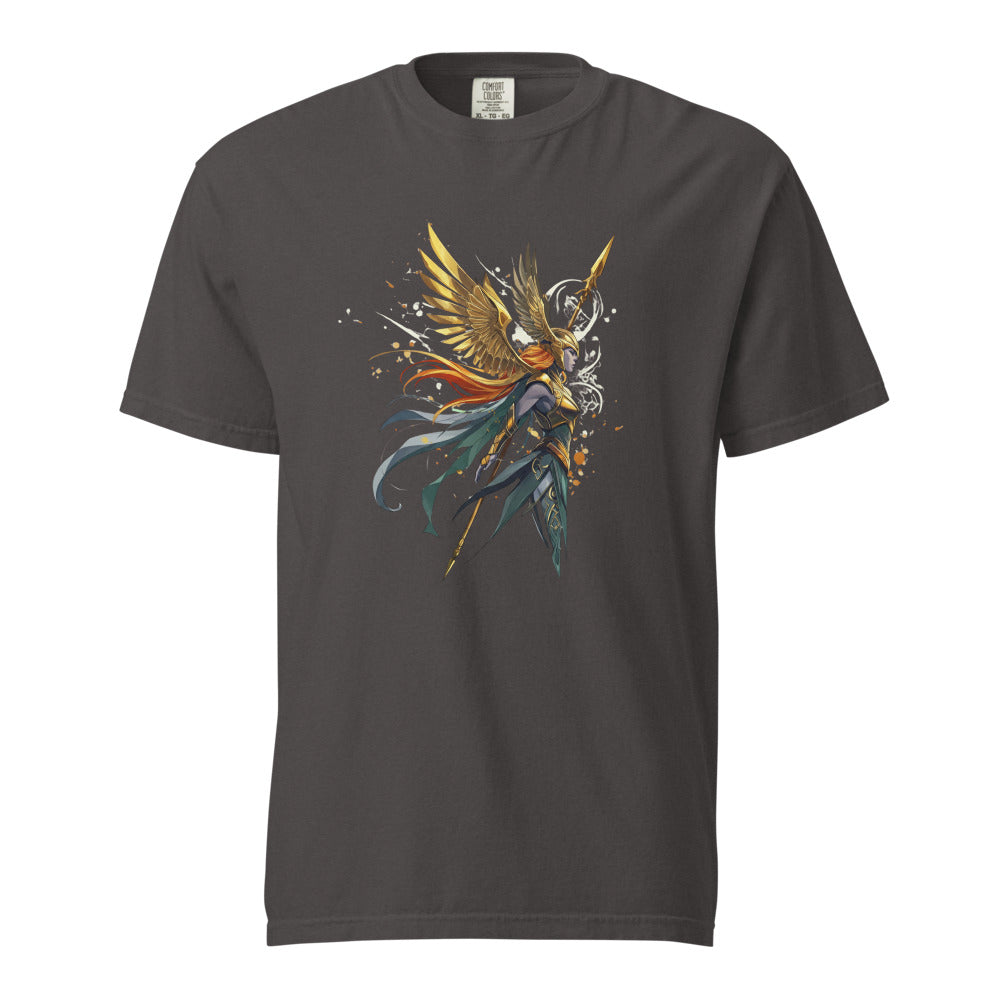 Valkyrie: The Shield-Maiden design, on a graphite heavyweight Comfort Colors tee.