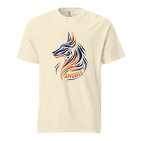 A tribal linework Anubis jackal head in deep navy and orange flame above the word Anubis, on an ivory heavyweight Comfort Colors tee.