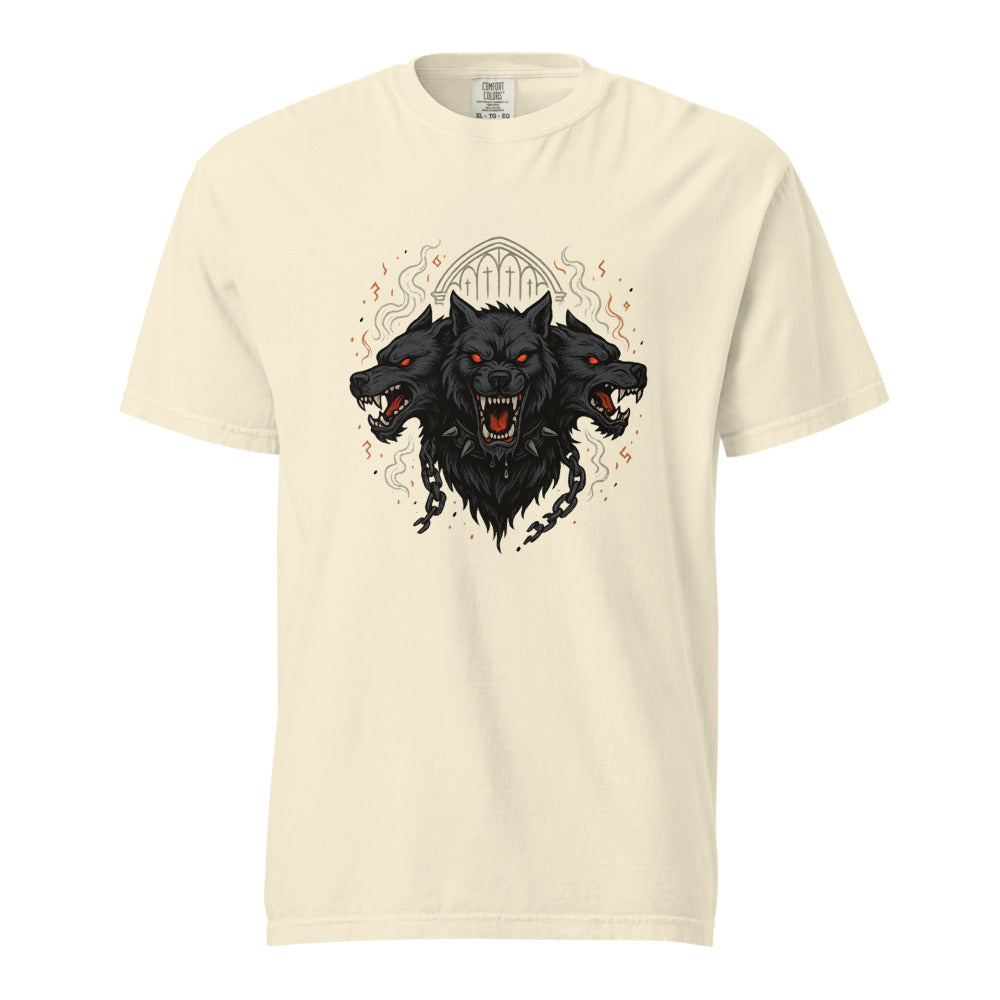 Cerberus: Hound of Hades design, on a ivory heavyweight Comfort Colors tee.