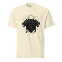 Cerberus: Hound of Hades design, on a ivory heavyweight Comfort Colors tee.