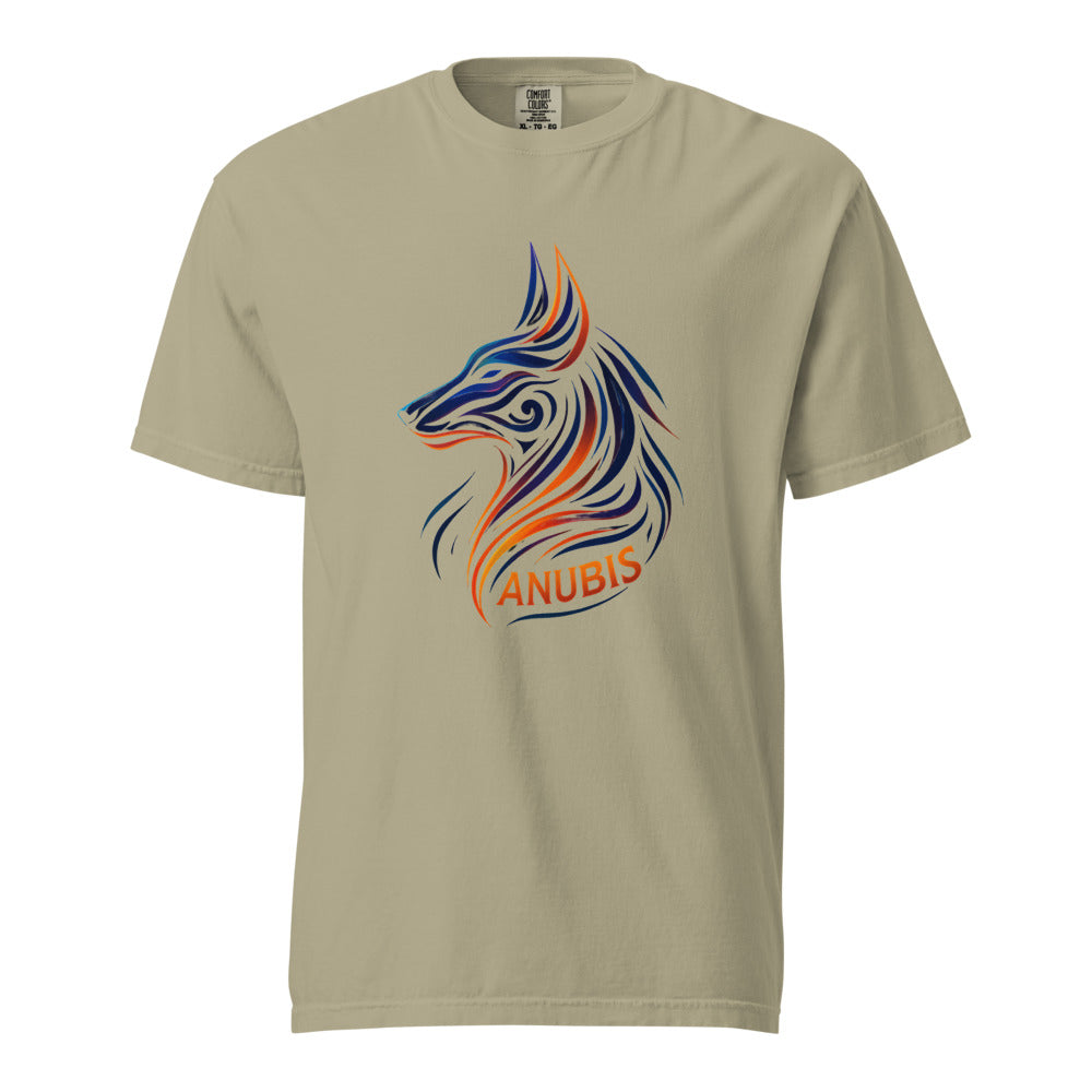 A tribal linework Anubis jackal head in deep navy and orange flame above the word Anubis, on a khaki heavyweight Comfort Colors tee.