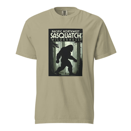Sasquatch: Pacific Northwest design, on a khaki heavyweight Comfort Colors tee.