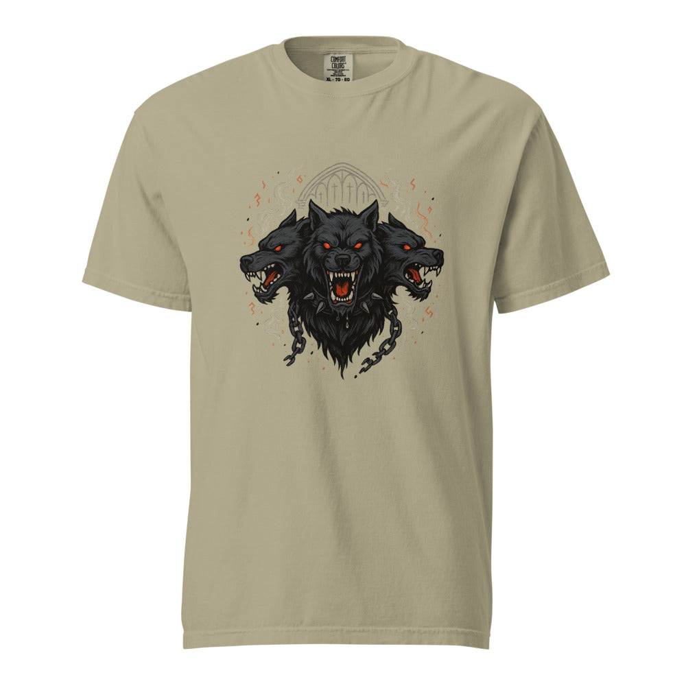 Cerberus: Hound of Hades design, on a khaki heavyweight Comfort Colors tee.