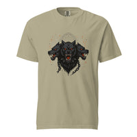 Cerberus: Hound of Hades design, on a khaki heavyweight Comfort Colors tee.