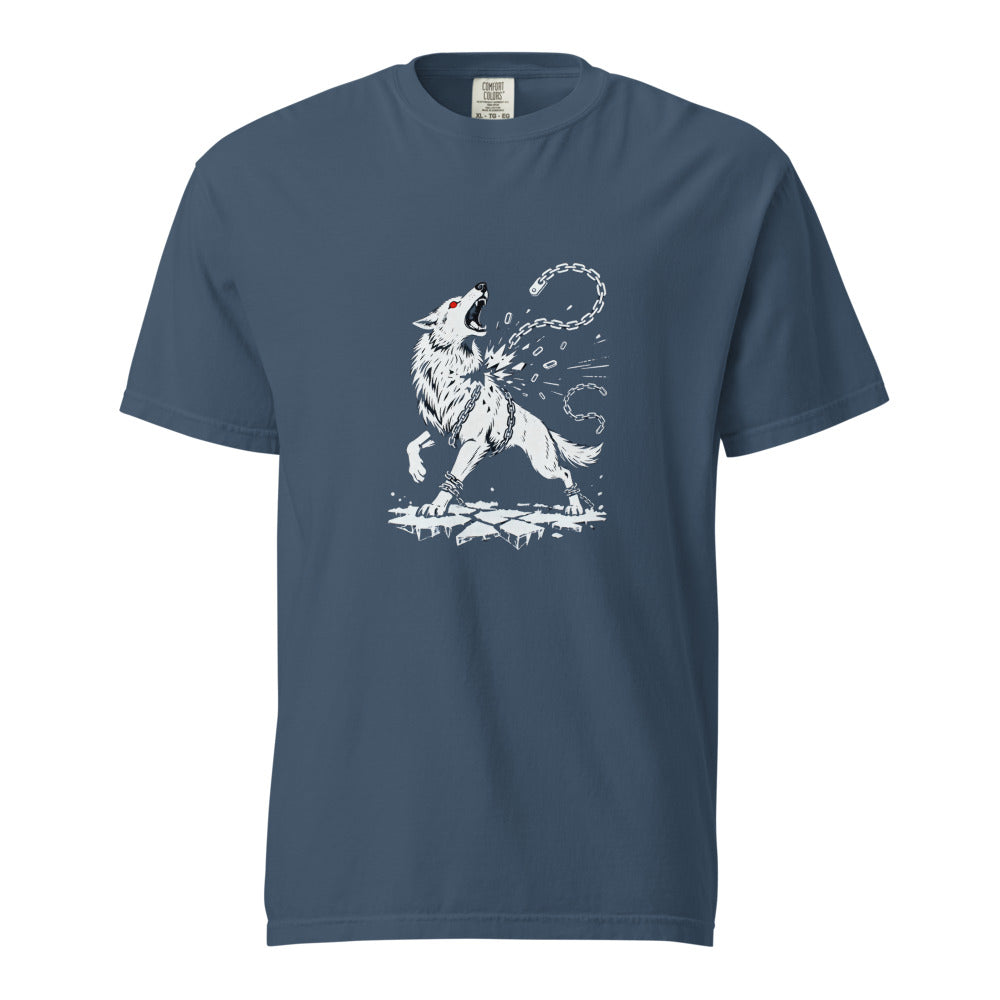 Fenrir the Chain Breaker, white wolf snapping his fetter Gleipnir, printed on a midnight heavyweight tee