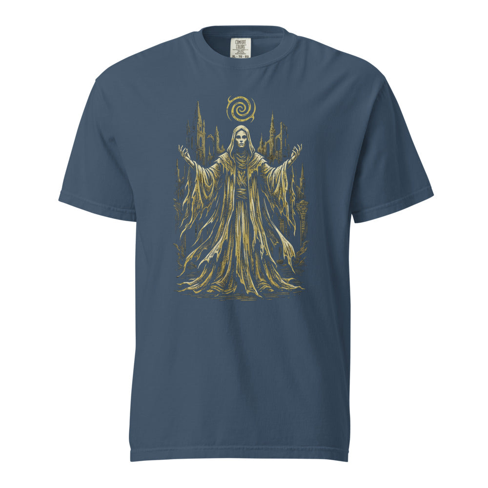 The King in Yellow cosmic horror design, on a midnight heavyweight Comfort Colors tee.