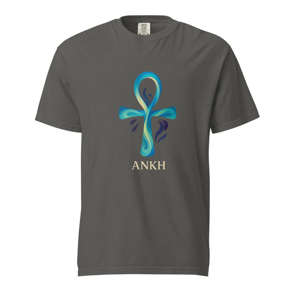 A flowing water blue ankh, the Egyptian key of life, above the word Ankh, on a pepper heavyweight Comfort Colors tee.