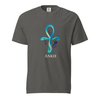 A flowing water blue ankh, the Egyptian key of life, above the word Ankh, on a pepper heavyweight Comfort Colors tee.