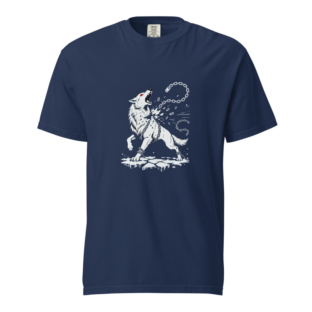 Fenrir the great wolf breaking his chain with a glowing red eye, white print on a True Navy heavyweight Comfort Colors tee