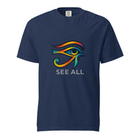 A full color rainbow Eye of Horus, the wedjat, above the words See All, on a True Navy heavyweight Comfort Colors tee.