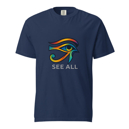 A full color rainbow Eye of Horus, the wedjat, above the words See All, on a True Navy heavyweight Comfort Colors tee.