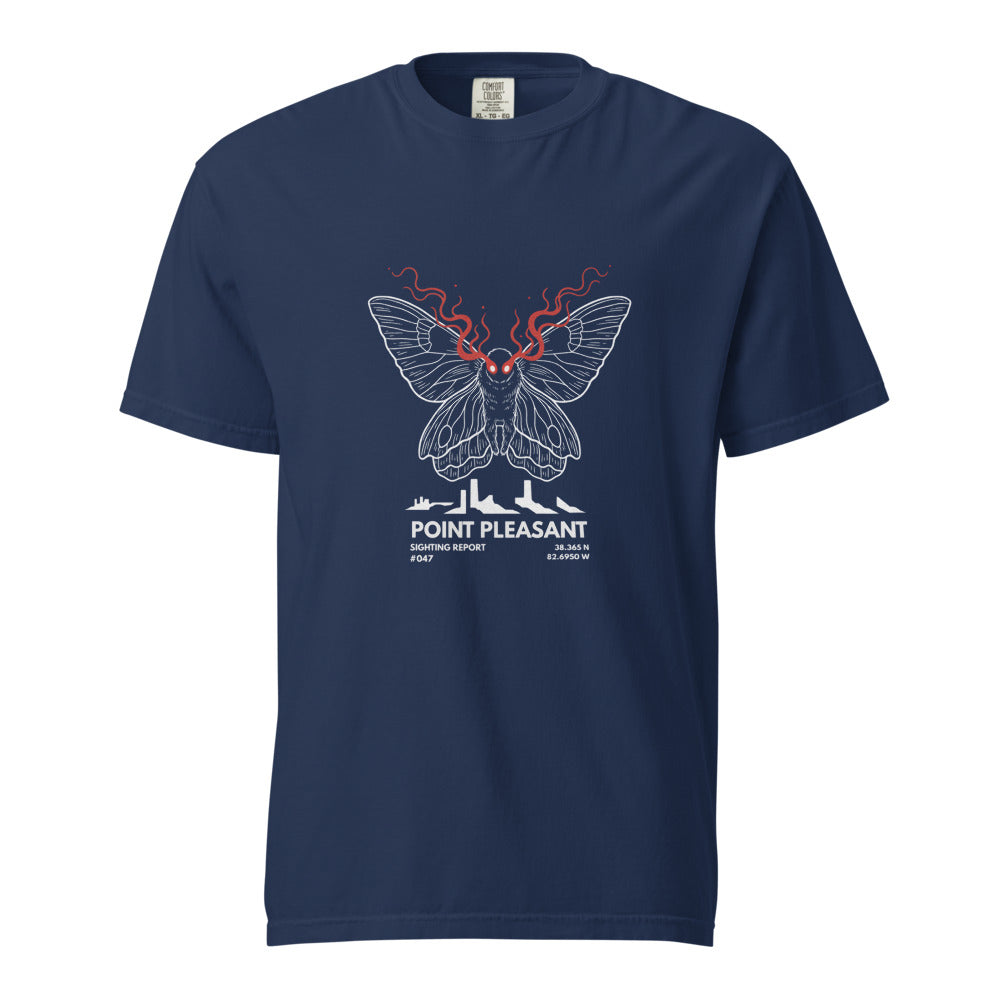 Mothman: Red Eyes Over Point Pleasant design, on a true navy heavyweight Comfort Colors tee.