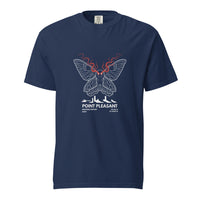 Mothman: Red Eyes Over Point Pleasant design, on a true navy heavyweight Comfort Colors tee.