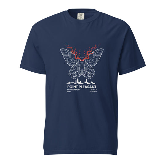 Mothman: Red Eyes Over Point Pleasant design, on a true navy heavyweight Comfort Colors tee.