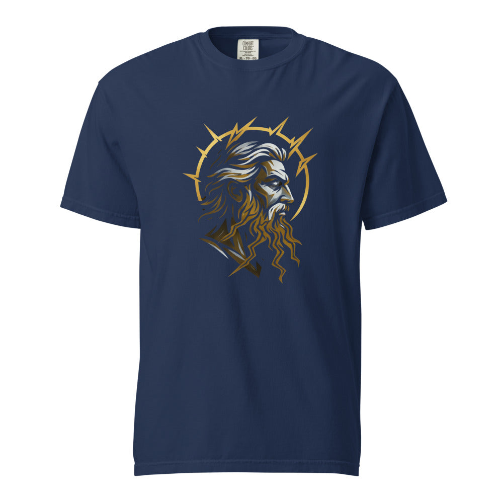 Zeus: King of Olympus design, on a true navy heavyweight Comfort Colors tee.