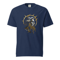 Zeus: King of Olympus design, on a true navy heavyweight Comfort Colors tee.